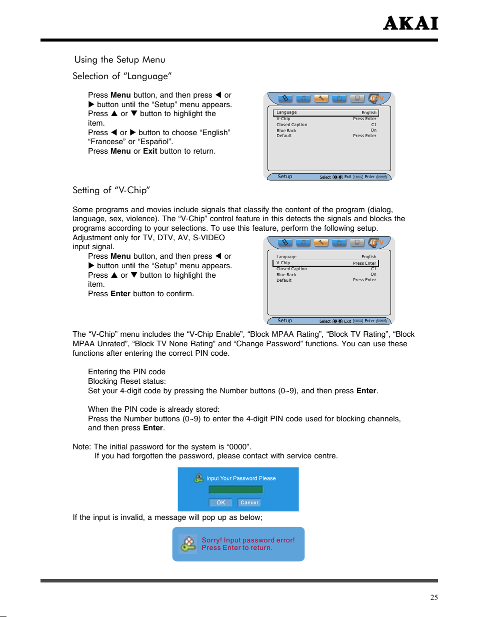 Using the setup menu, Selection of “language, Setting of “v-chip | Using the setup menu selection of “language | Akai LCT3785TA User Manual | Page 26 / 44