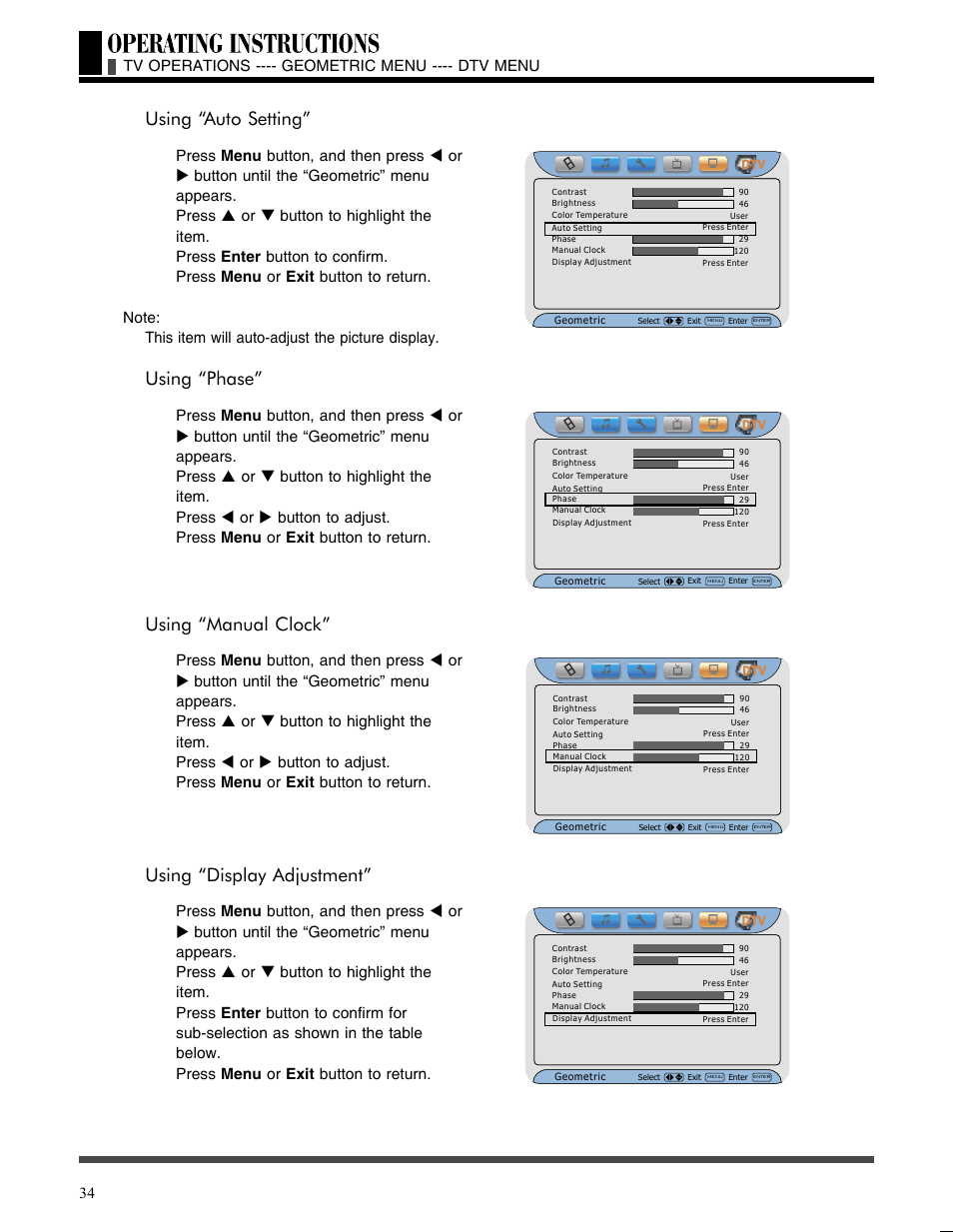 Using “auto setting, Using “phase, Using “manual clock | Using “display adjustment | Akai LCT3785TA User Manual | Page 35 / 44