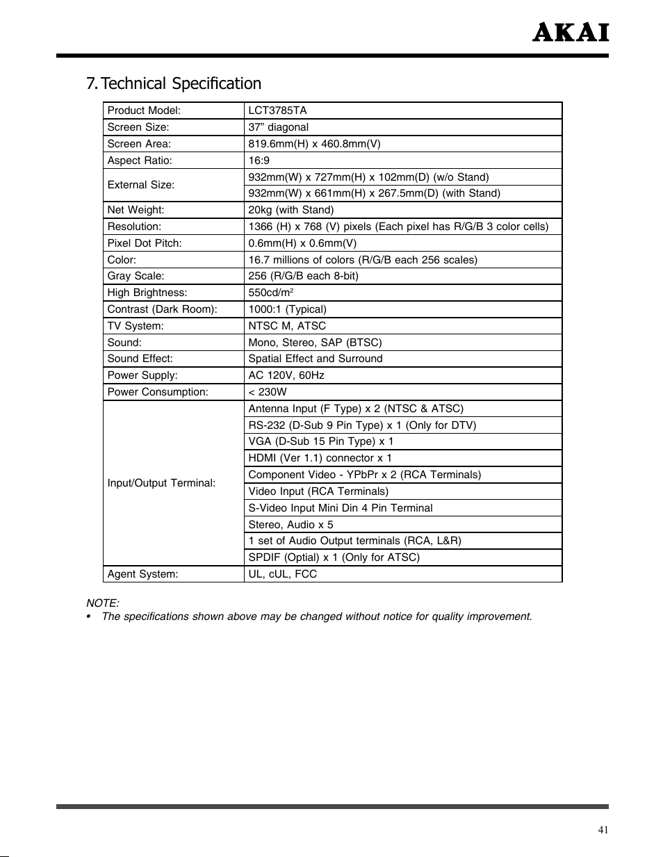 Technical speciﬁcation | Akai LCT3785TA User Manual | Page 42 / 44