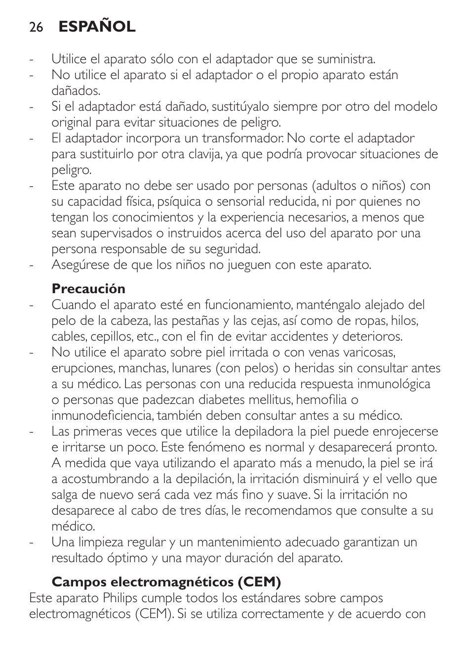 Precaución, Campos electromagnéticos (cem) | Philips Satinelle Depiladora User Manual | Page 26 / 64