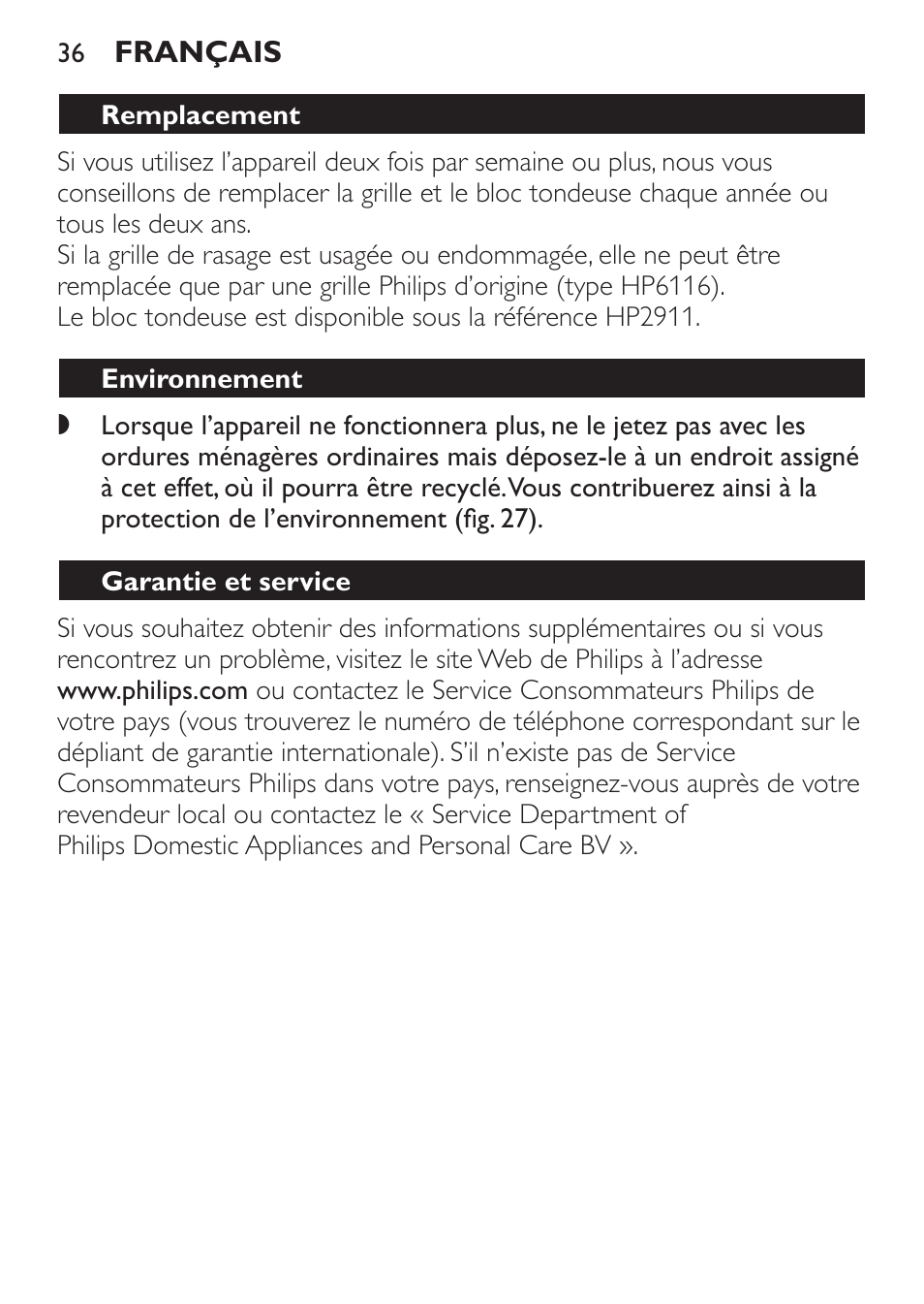 Remplacement, Environnement, Garantie et service | Philips Satinelle Depiladora User Manual | Page 36 / 64