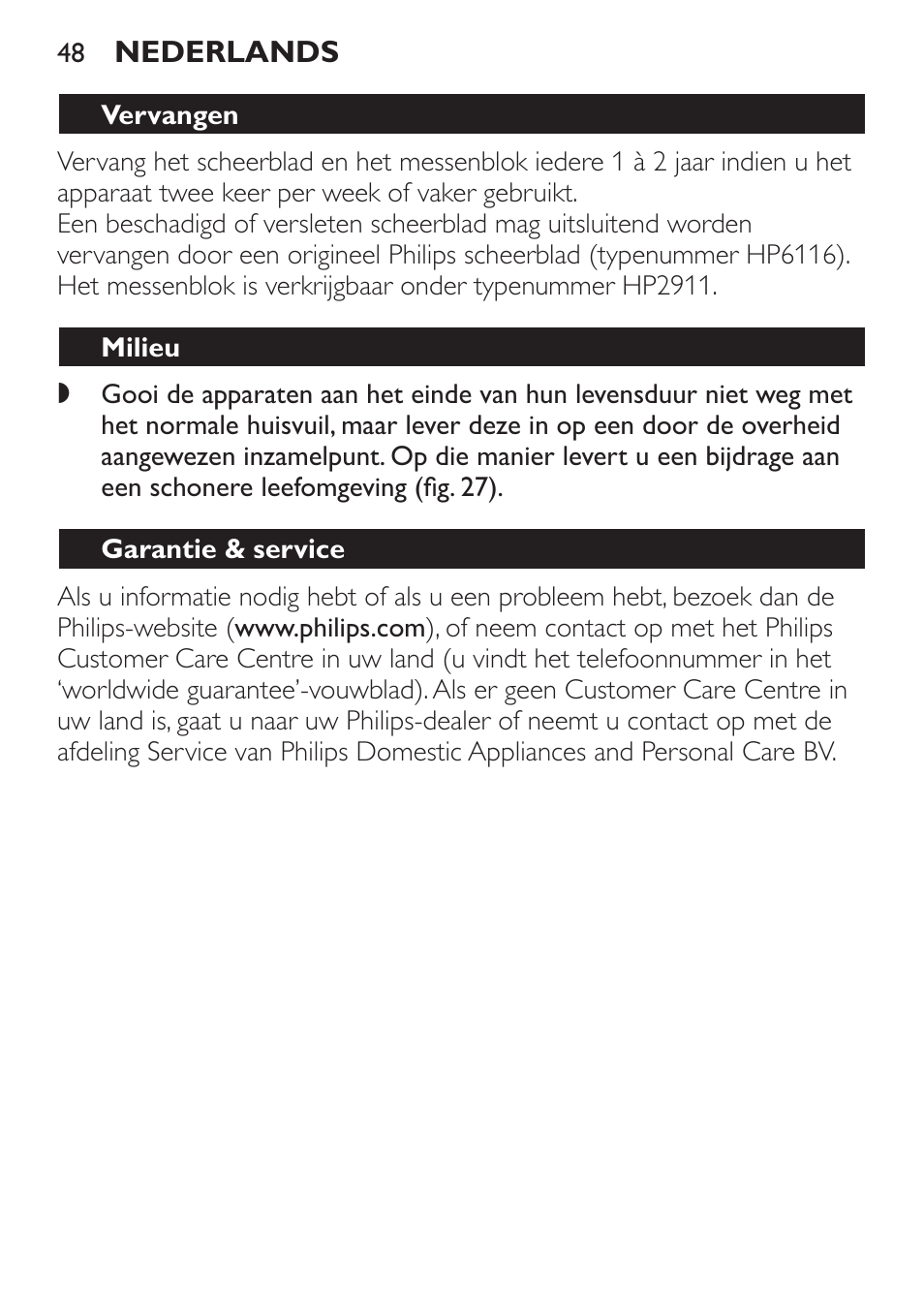 Vervangen, Milieu, Garantie & service | Philips Satinelle Depiladora User Manual | Page 48 / 64