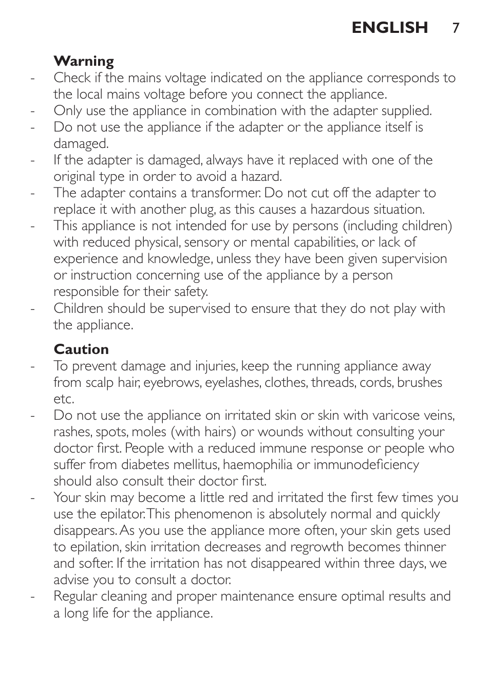 Warning, Caution | Philips Satinelle Depiladora User Manual | Page 7 / 64