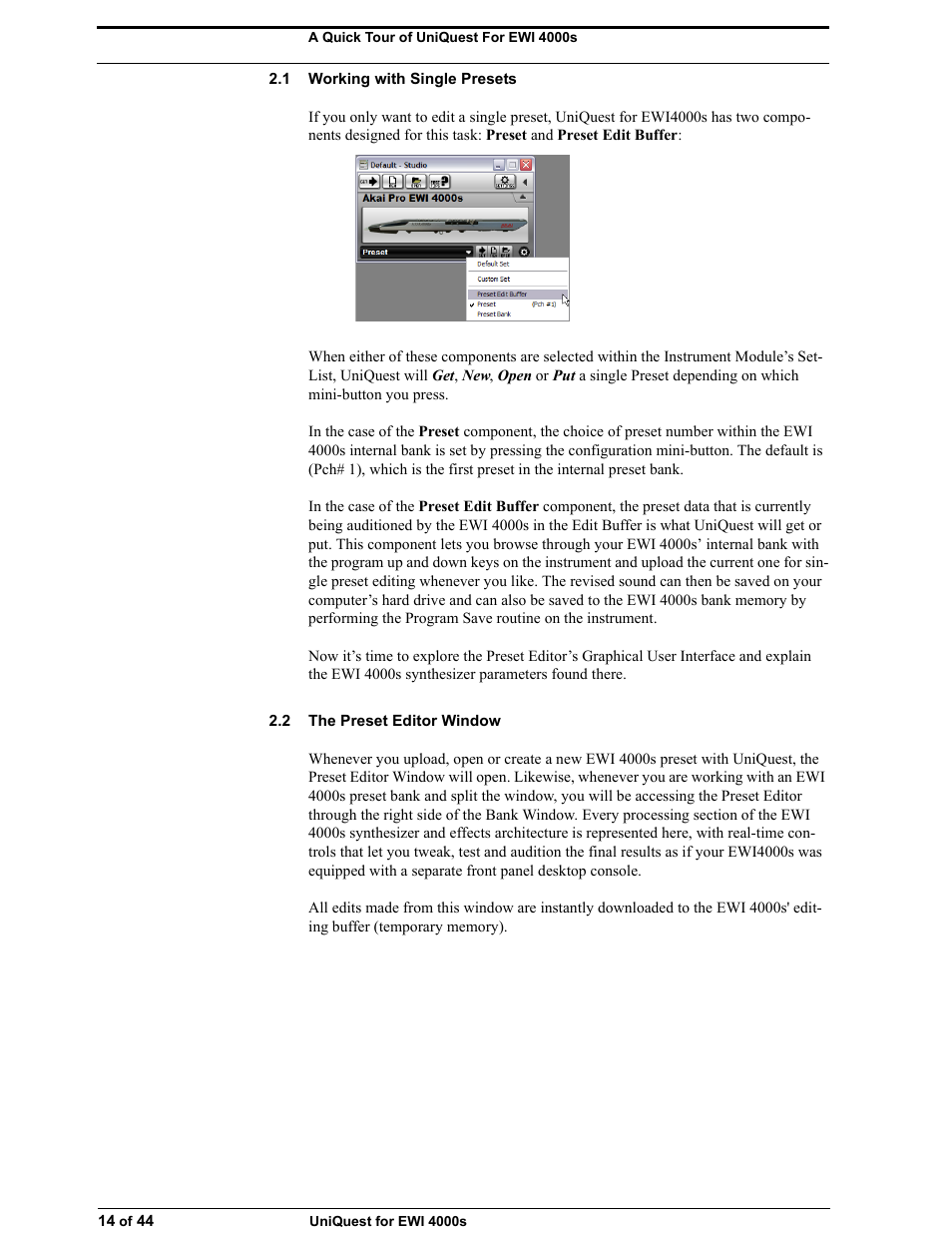 1 working with single presets, 2 the preset editor window | Akai UNIQUEST 4000S User Manual | Page 14 / 44
