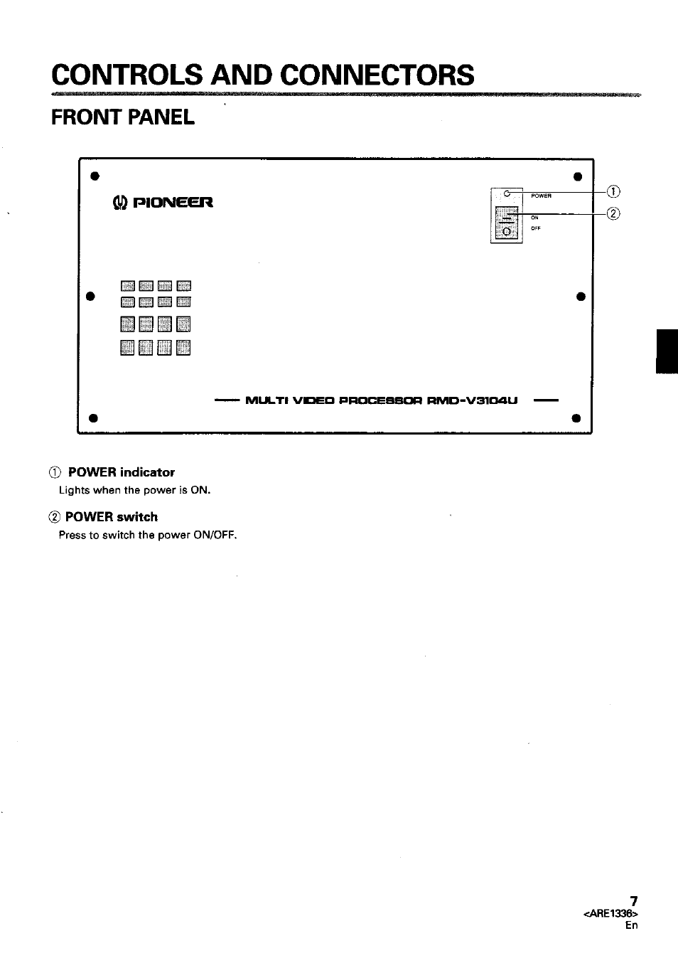 Controls and connectors, Front panel, Power switch | Akai Multi Video Processor RMD-V3104U User Manual | Page 7 / 49