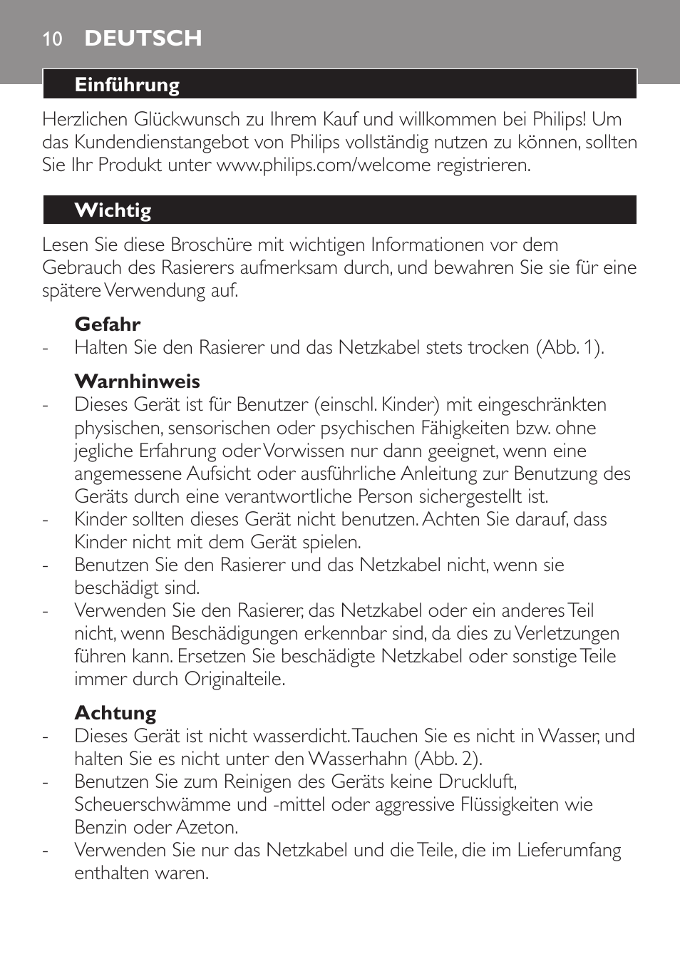 Deutsch, Deutsch 10 | Philips SHAVER Series 3000 afeitadora eléctrica en seco User Manual | Page 10 / 64