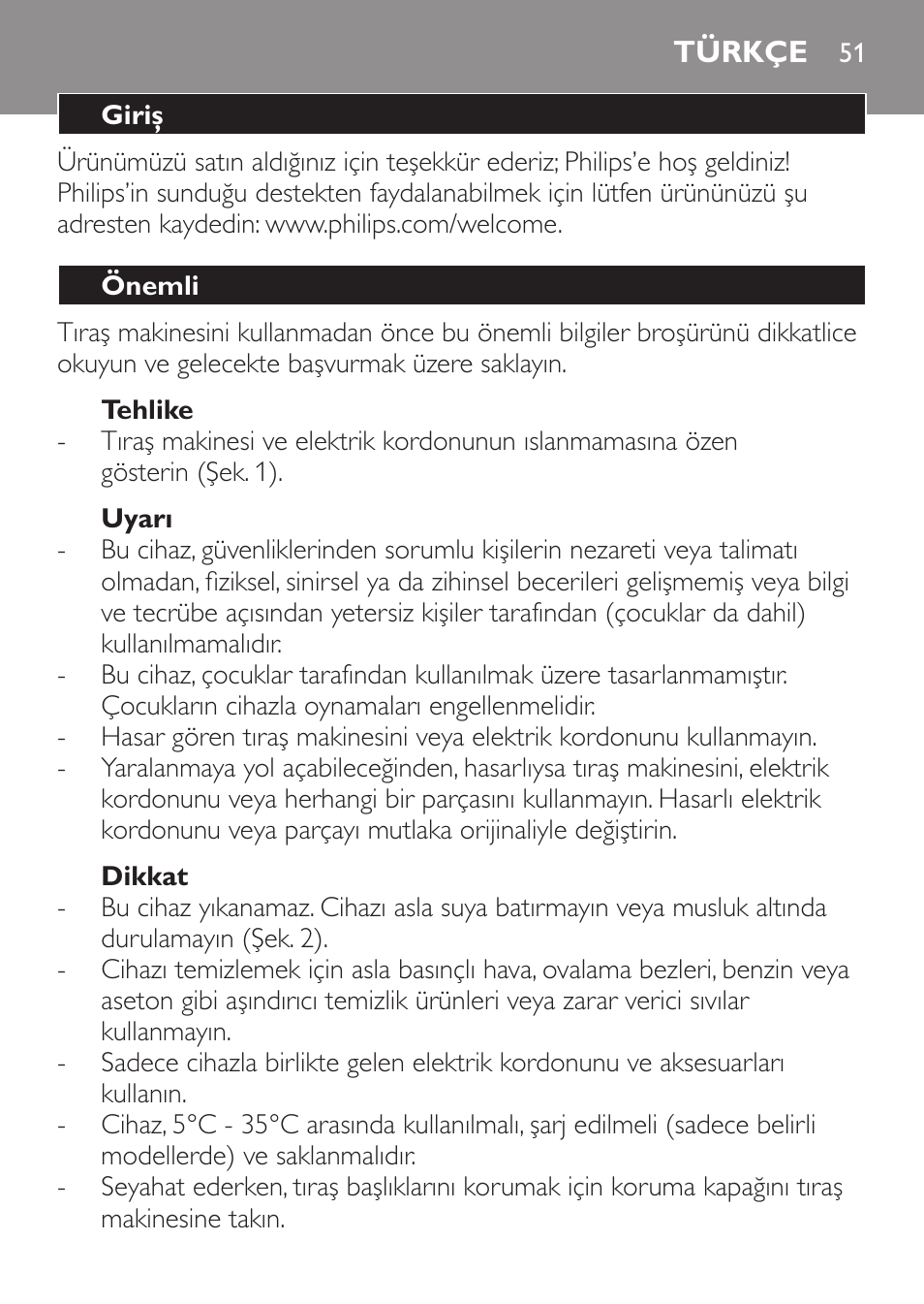 Türkçe, Türkçe 5 | Philips SHAVER Series 3000 afeitadora eléctrica en seco User Manual | Page 51 / 64