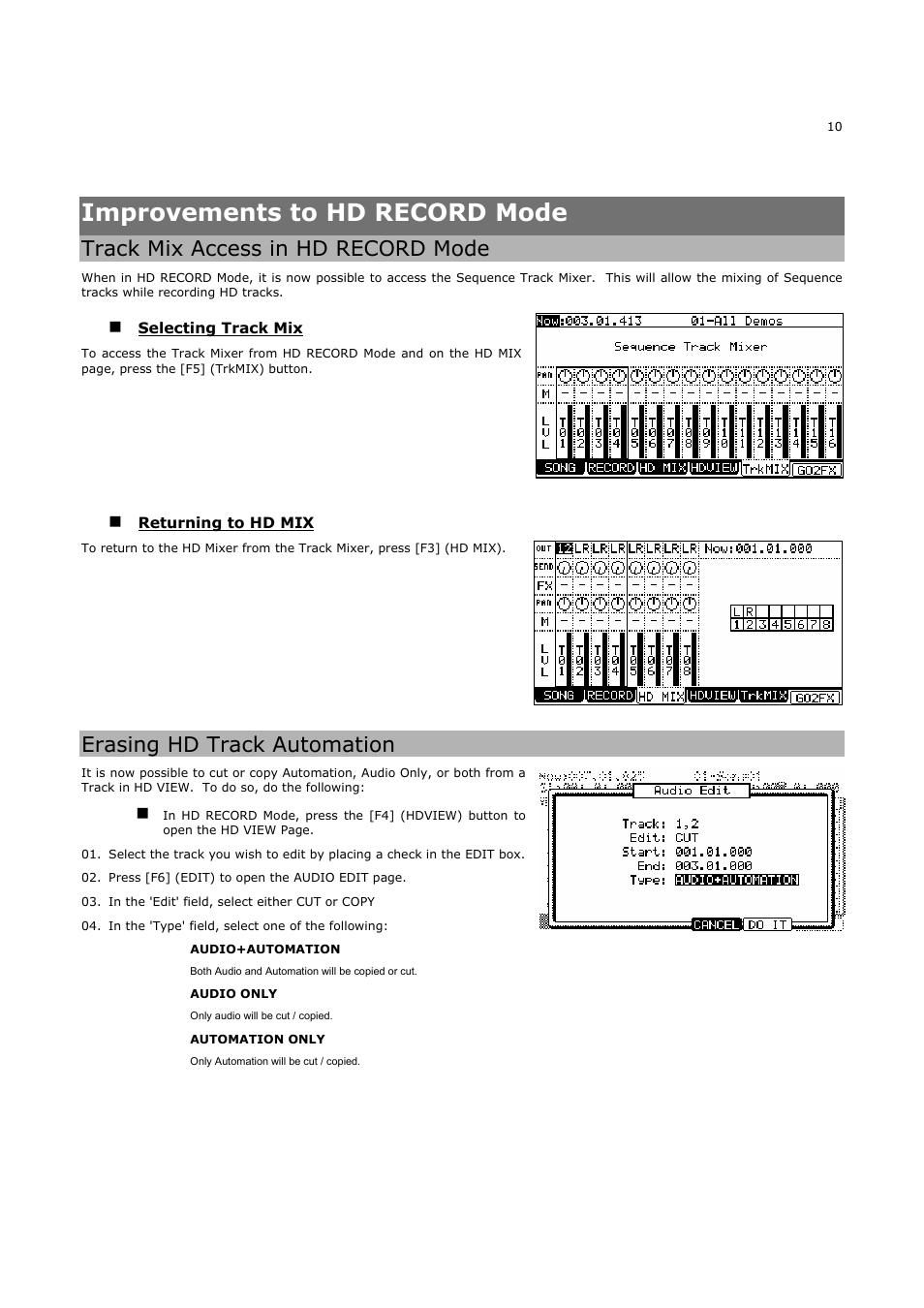 Improvements to hd record mode, Track mix access in hd record mode, Erasing hd track automation | Akai MPC5000 User Manual | Page 14 / 32