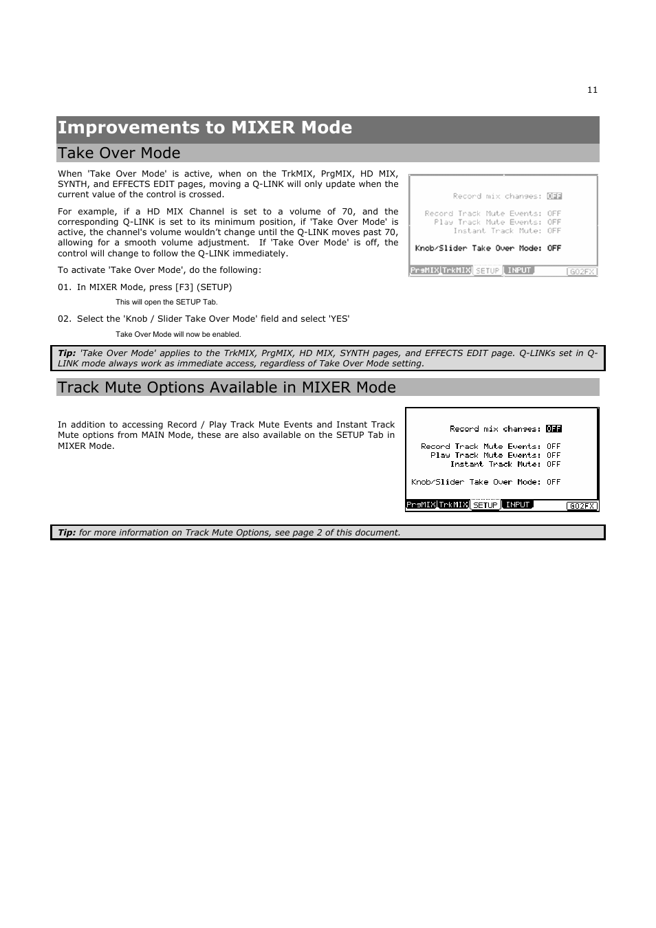 Improvements to mixer mode, Take over mode, Track mute options available in mixer mode | Akai MPC5000 User Manual | Page 15 / 32