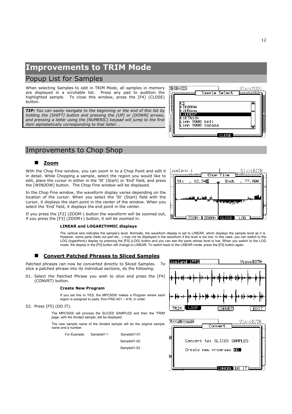 Improvements to trim mode, Popup list for samples, Improvements to chop shop | Akai MPC5000 User Manual | Page 16 / 32