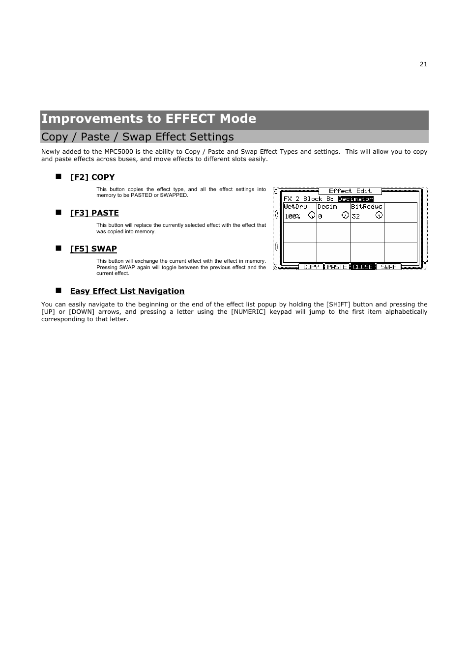 Improvements to effect mode, Copy / paste / swap effect settings | Akai MPC5000 User Manual | Page 25 / 32