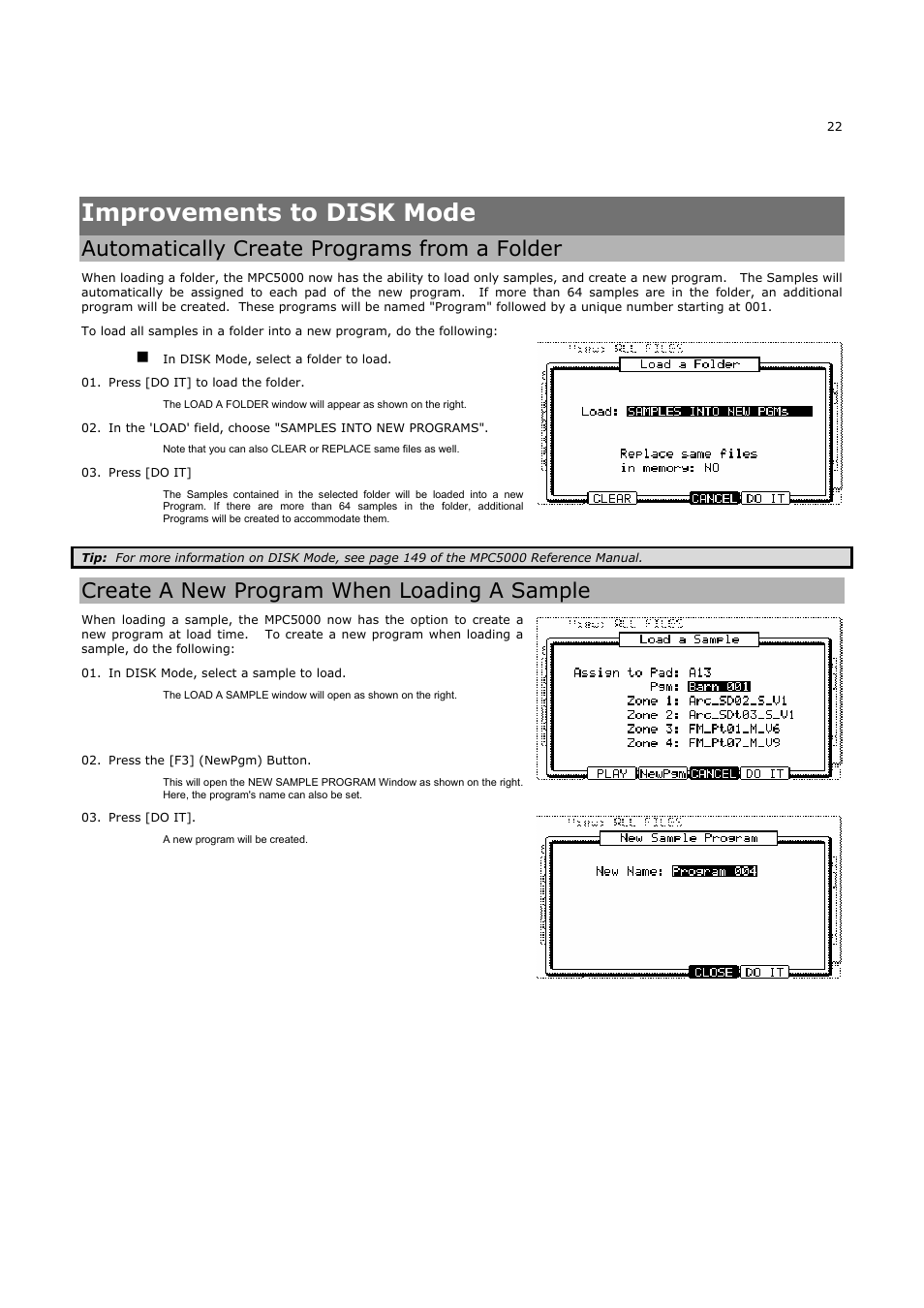 Improvements to disk mode, Automatically create programs from a folder, Create a new program when loading a sample | Akai MPC5000 User Manual | Page 26 / 32