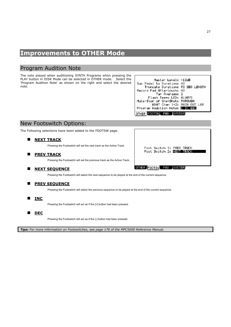 Improvements to other mode, New footswitch options | Akai MPC5000 User Manual | Page 31 / 32
