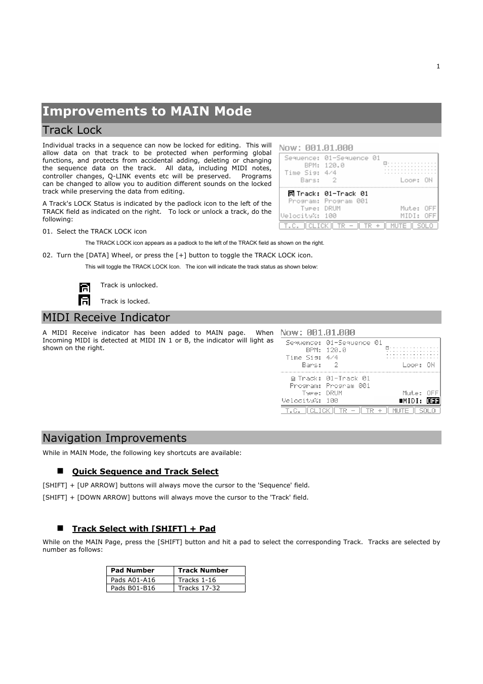 Improvements to main mode, Track lock, Midi receive indicator | Navigation improvements | Akai MPC5000 User Manual | Page 5 / 32