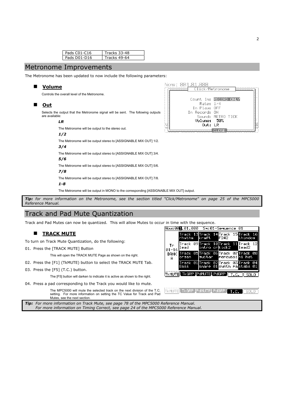 Metronome improvements, Track and pad mute quantization | Akai MPC5000 User Manual | Page 6 / 32