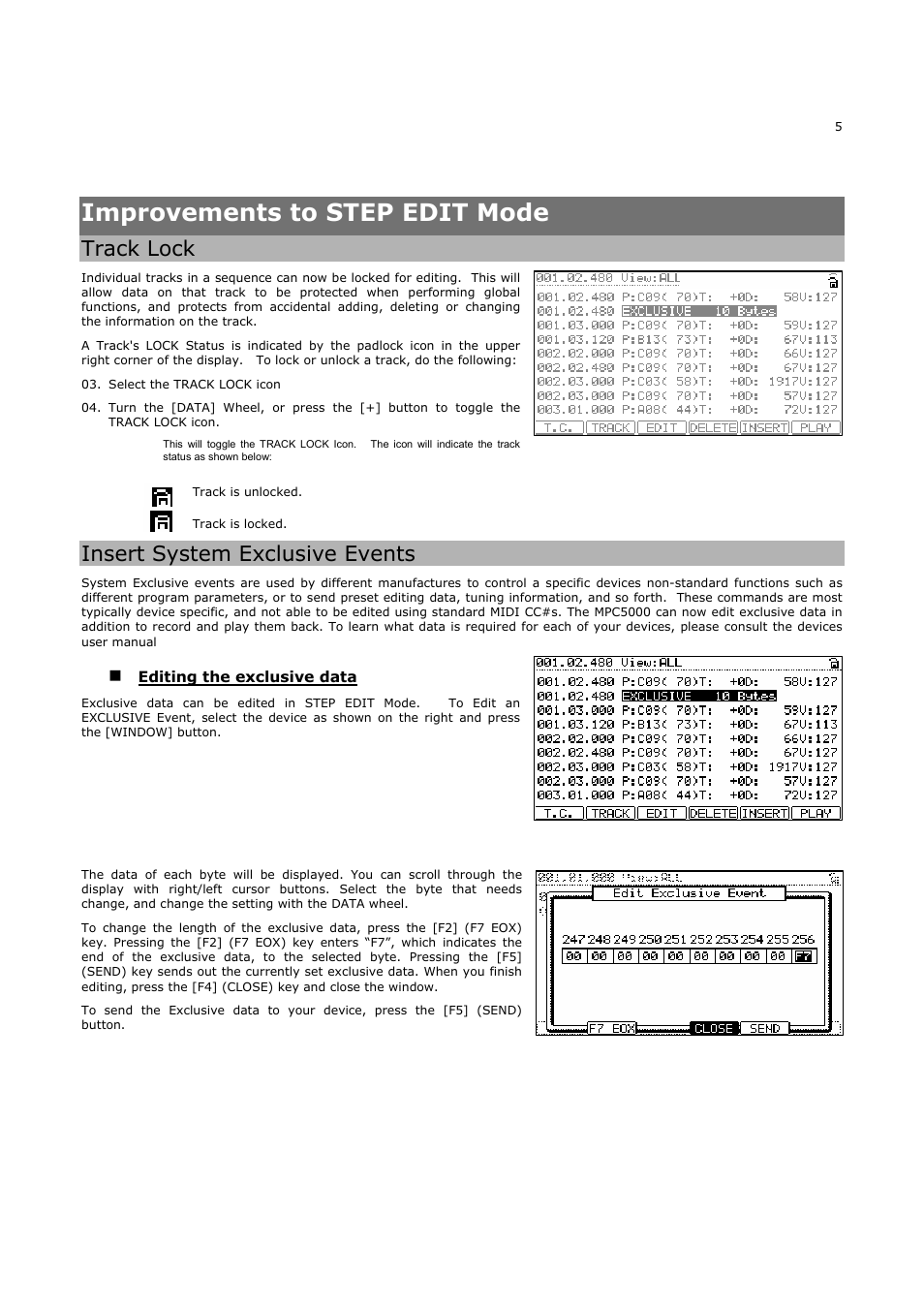 Improvements to step edit mode, Track lock, Insert system exclusive events | Akai MPC5000 User Manual | Page 9 / 32