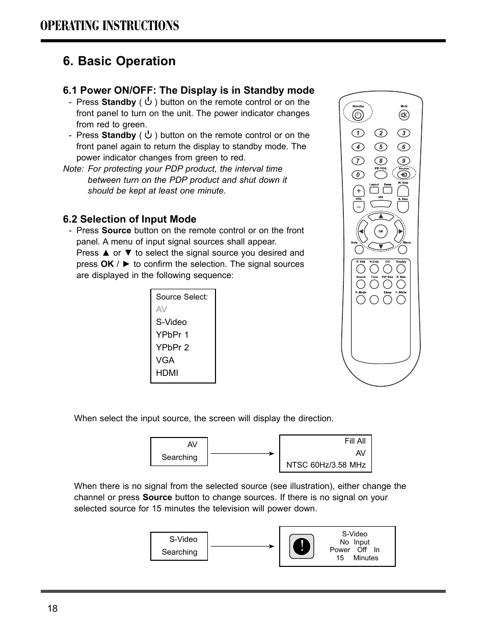 Basic operation, 1 power on/off 6.2 selection of input mode | Akai PDP4273M User Manual | Page 19 / 36