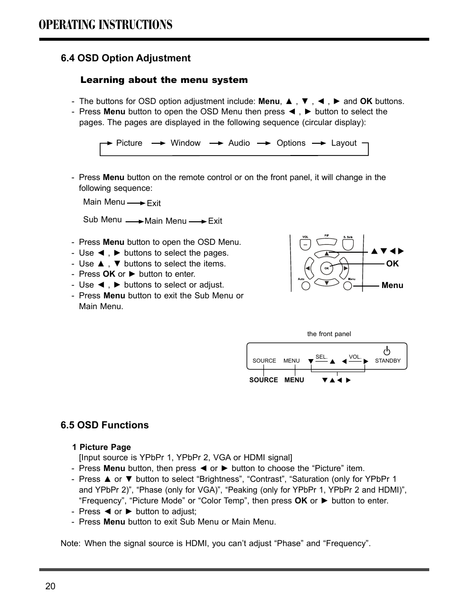4 osd option adjustment 6.5 osd functions, 4 osd option adjustment, 5 osd functions | Akai PDP4273M User Manual | Page 21 / 36