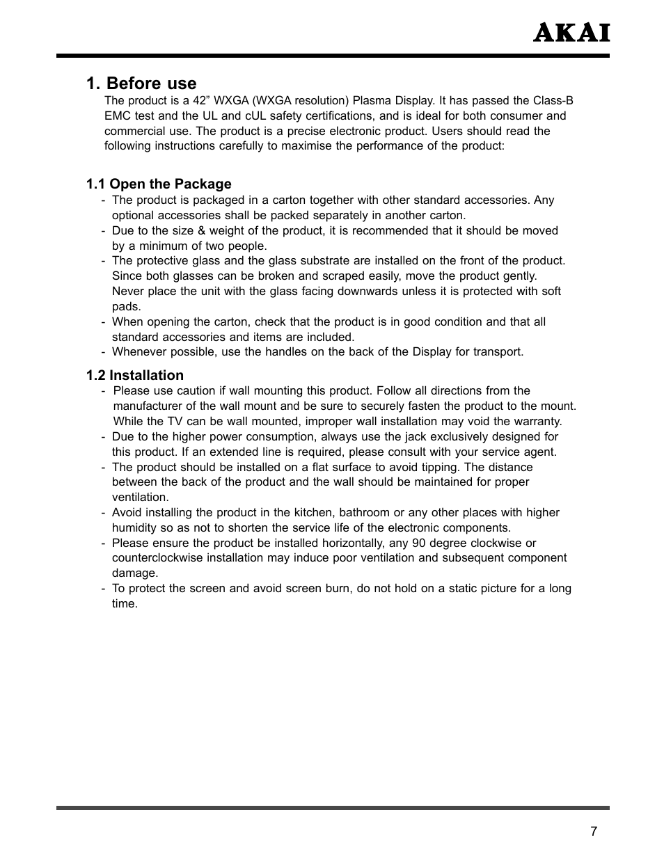 Before use, 1 open the package 1.2 installation | Akai PDP4273M User Manual | Page 8 / 36