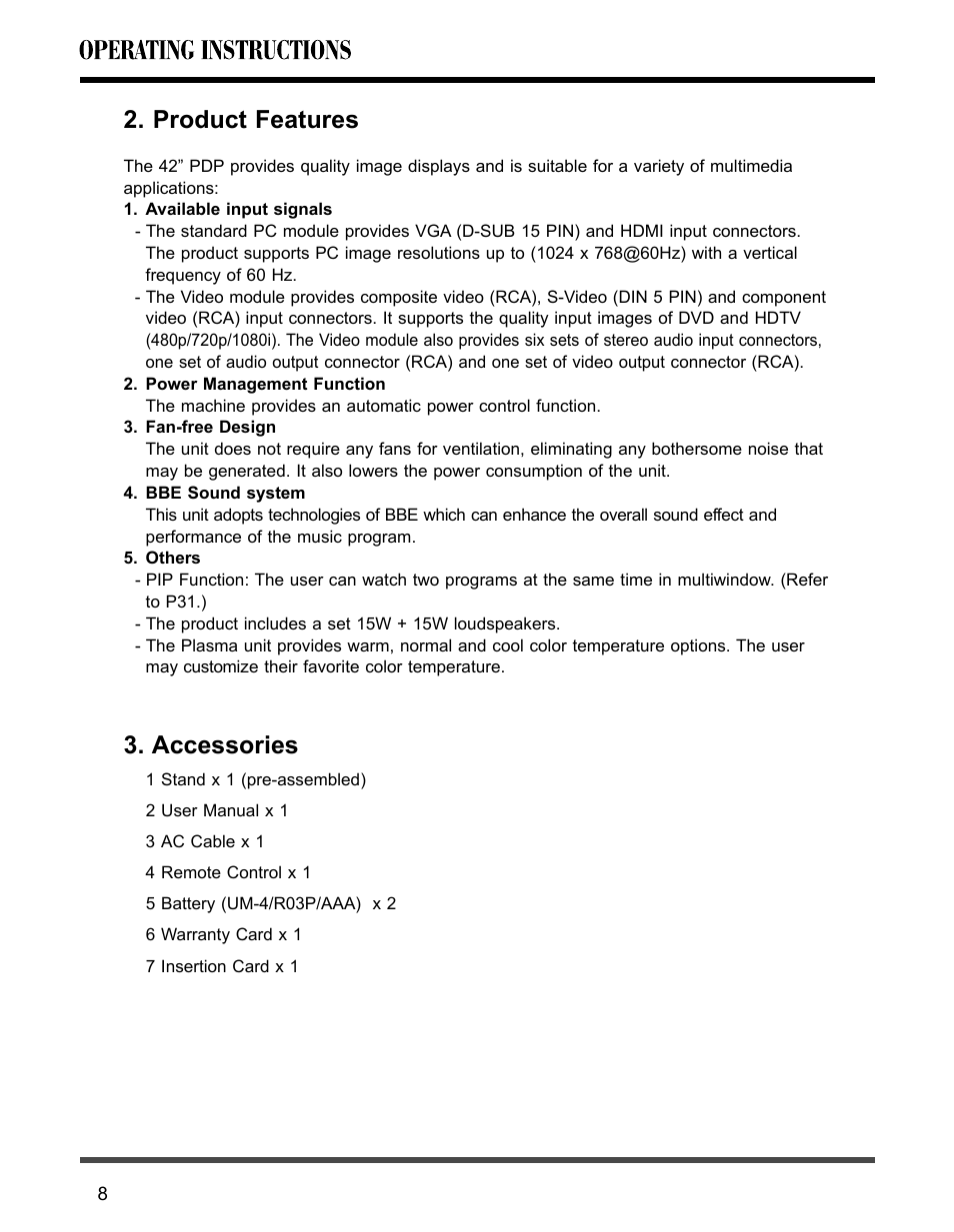 Product features 3. accessories, Product features, Accessories | Akai PDP4273M User Manual | Page 9 / 36