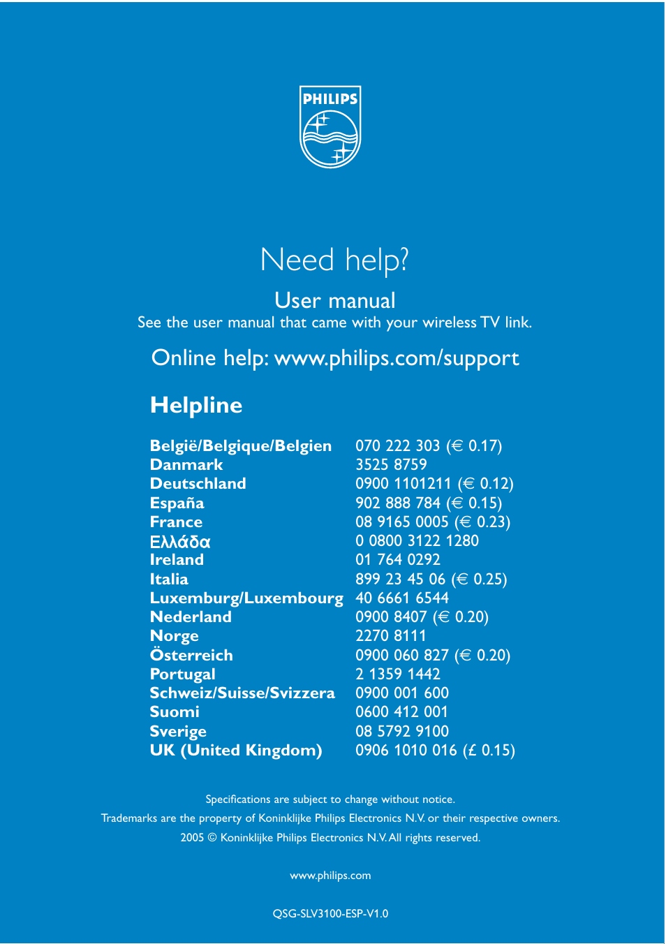 Need help, Helpline, User manual | Philips TV Link inalámbrico User Manual | Page 8 / 8