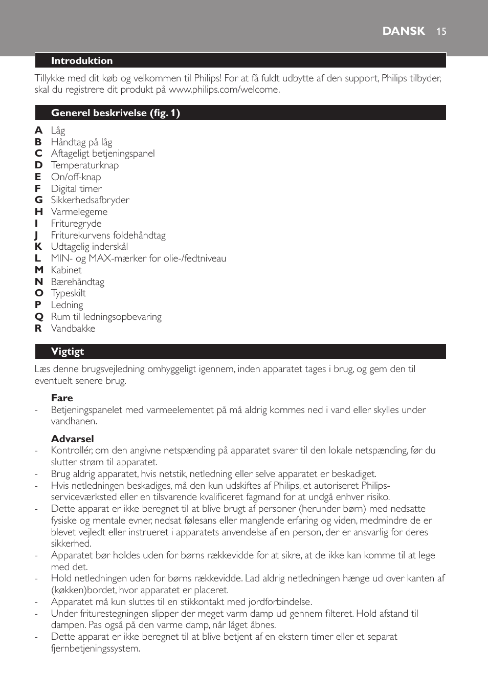 Dansk, Dansk 15 | Philips Freidora User Manual | Page 13 / 108