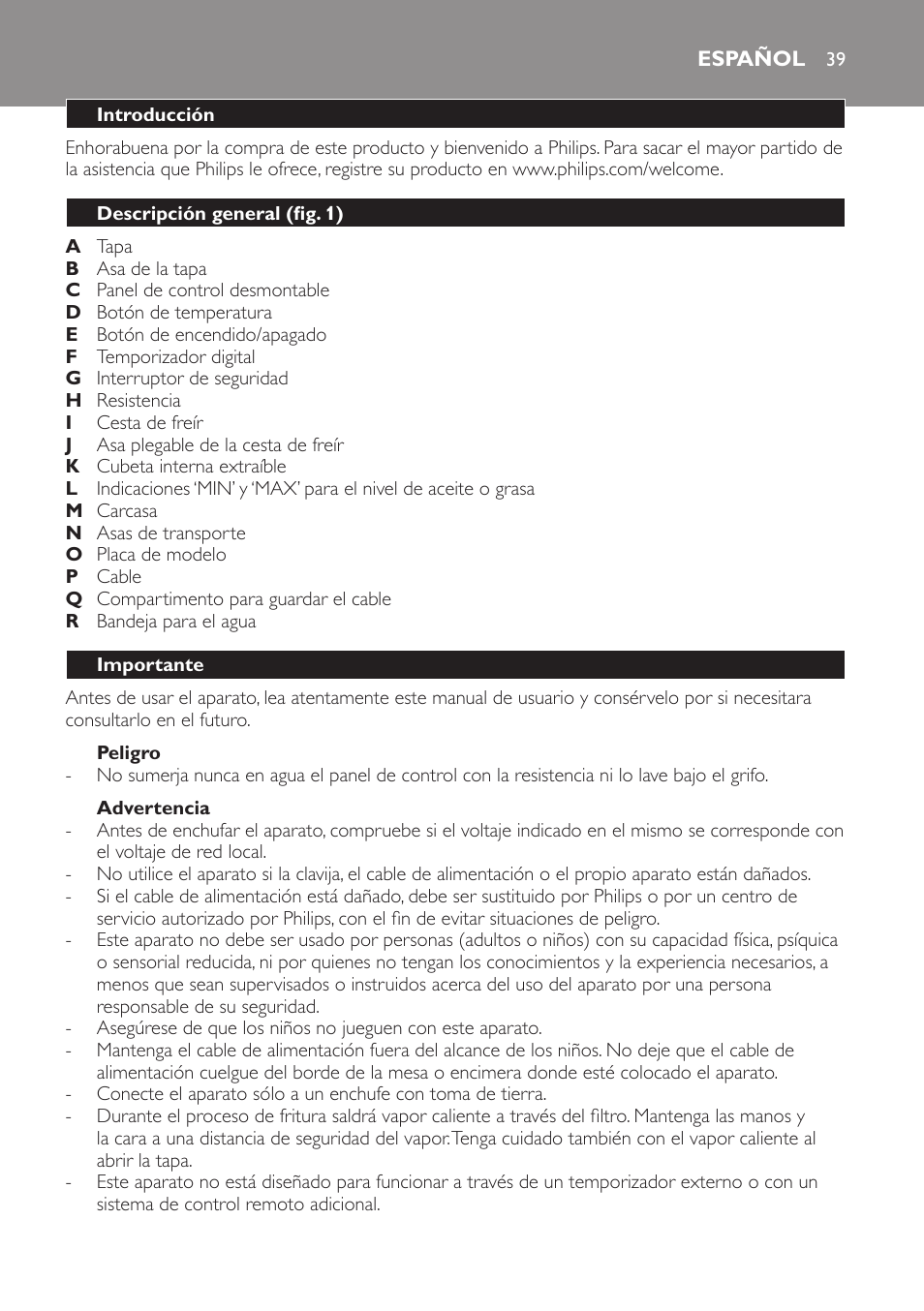 Español, Español 39 | Philips Freidora User Manual | Page 37 / 108