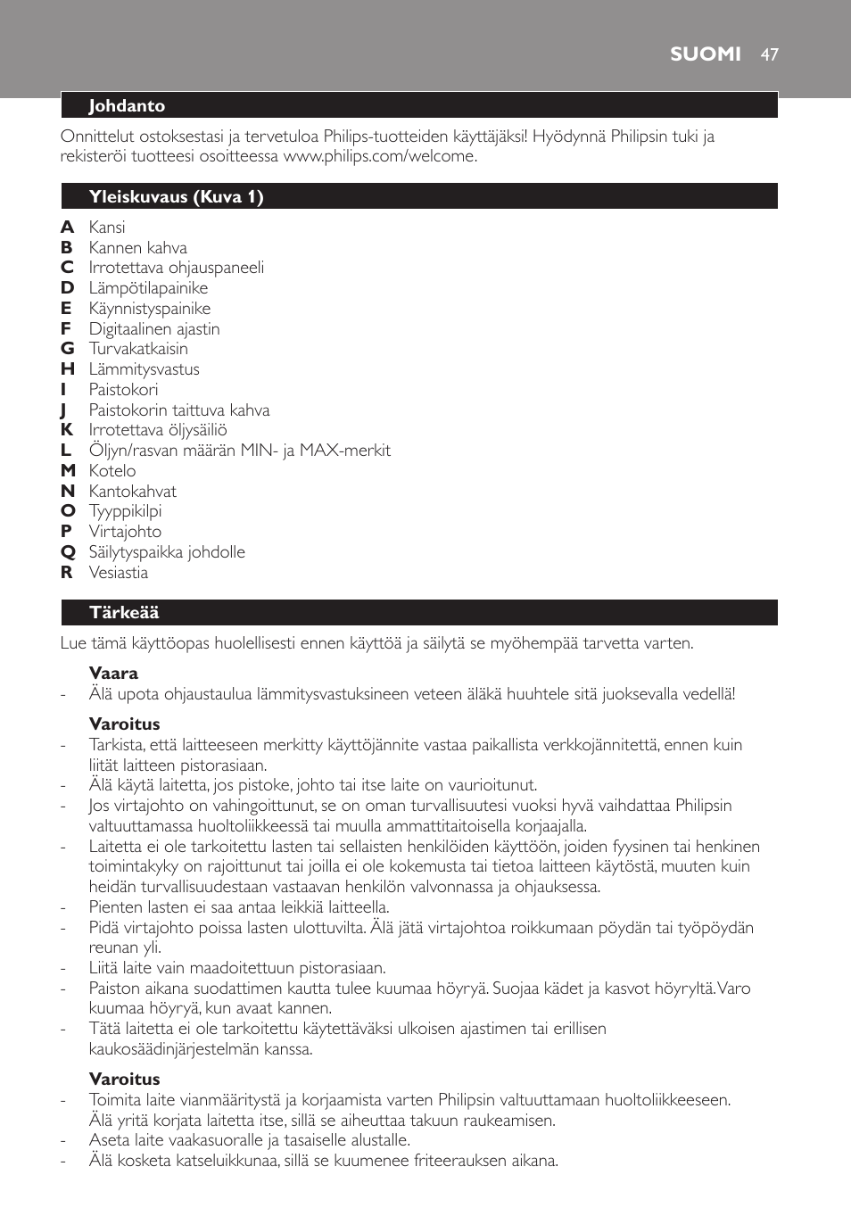 Suomi, Suomi 47 | Philips Freidora User Manual | Page 45 / 108