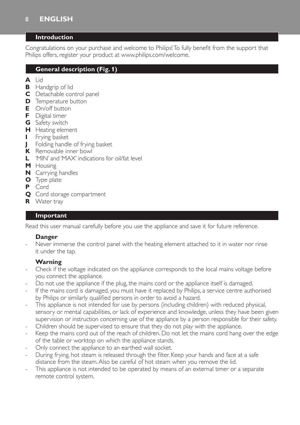 English, English 8 | Philips Freidora User Manual | Page 6 / 108