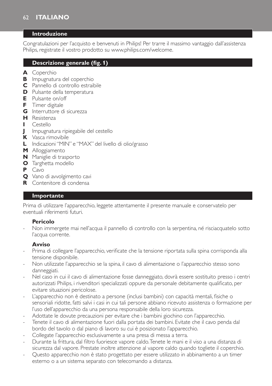 Italiano, Italiano 62 | Philips Freidora User Manual | Page 60 / 108