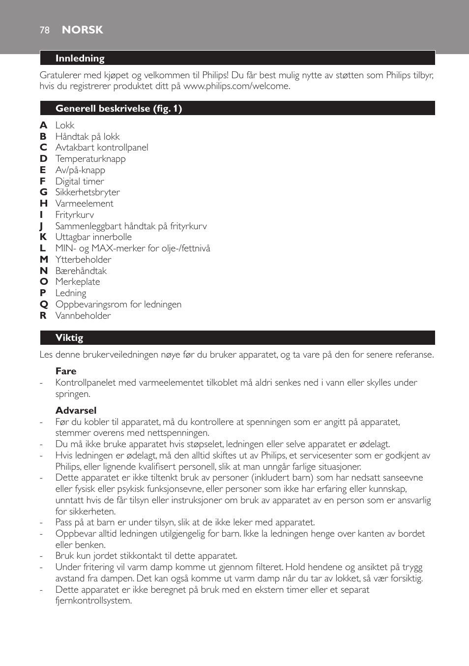 Norsk, Norsk 78 | Philips Freidora User Manual | Page 76 / 108