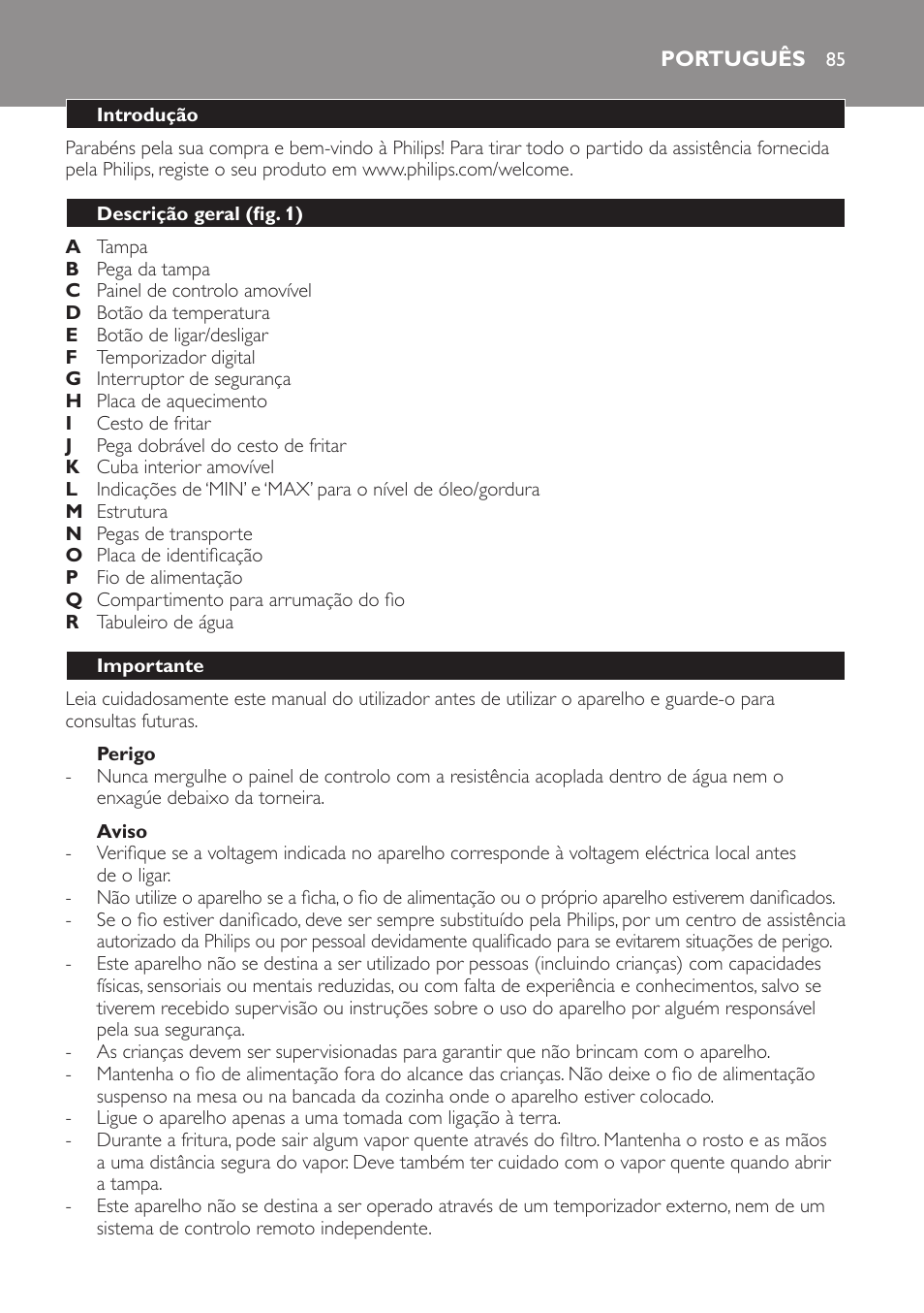 Português, Português 85 | Philips Freidora User Manual | Page 83 / 108
