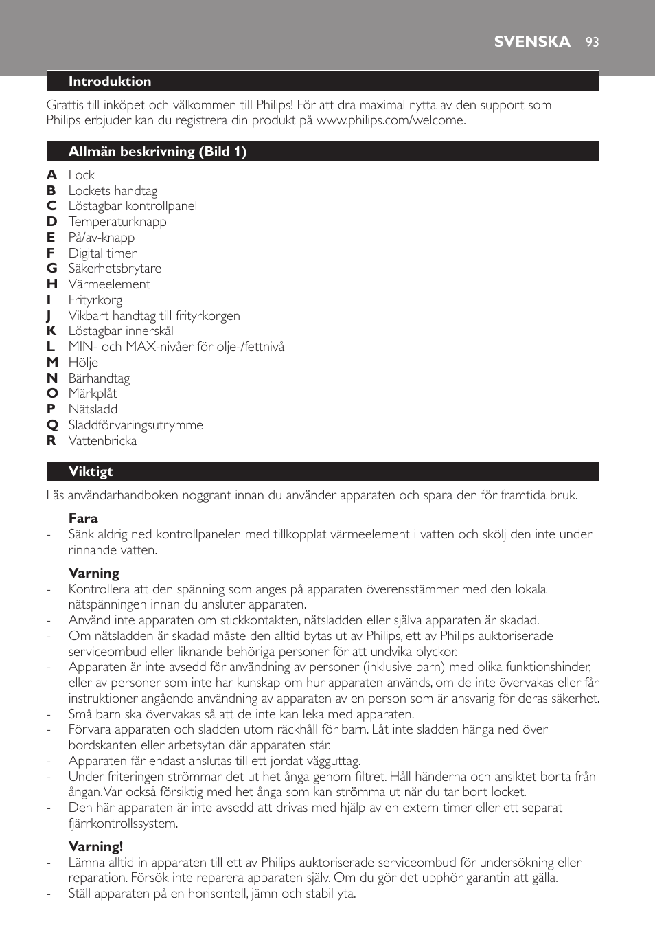 Svenska, Svenska 93 | Philips Freidora User Manual | Page 91 / 108