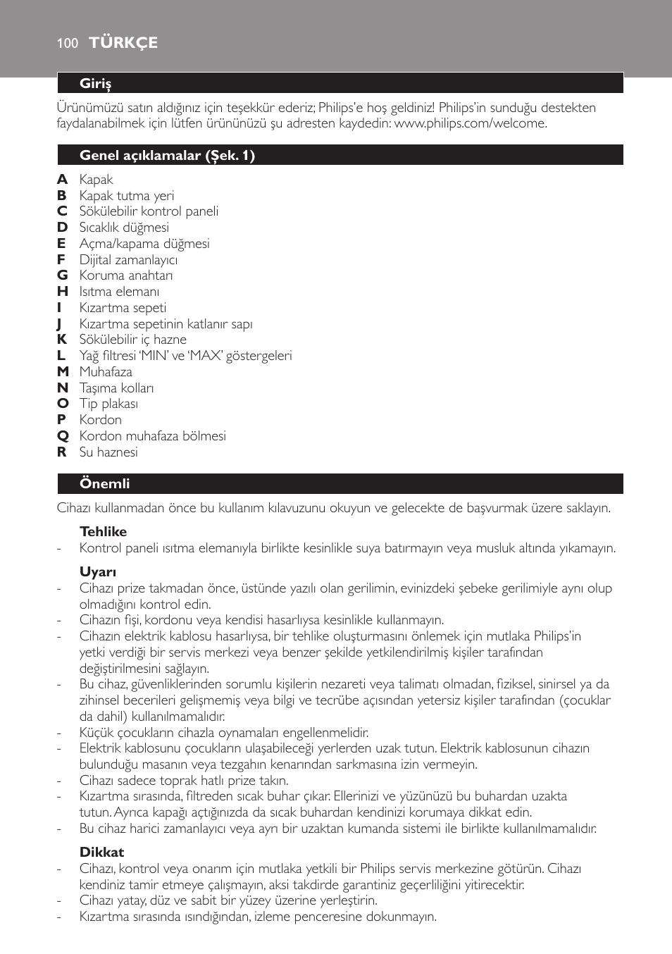Türkçe, Türkçe 100 | Philips Freidora User Manual | Page 98 / 108