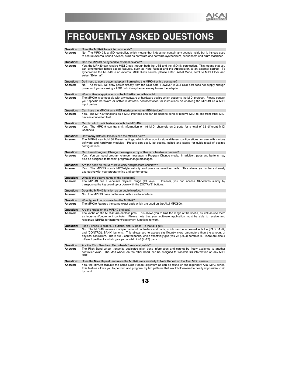 Frequently asked questions | Akai MPK49 User Manual | Page 13 / 76