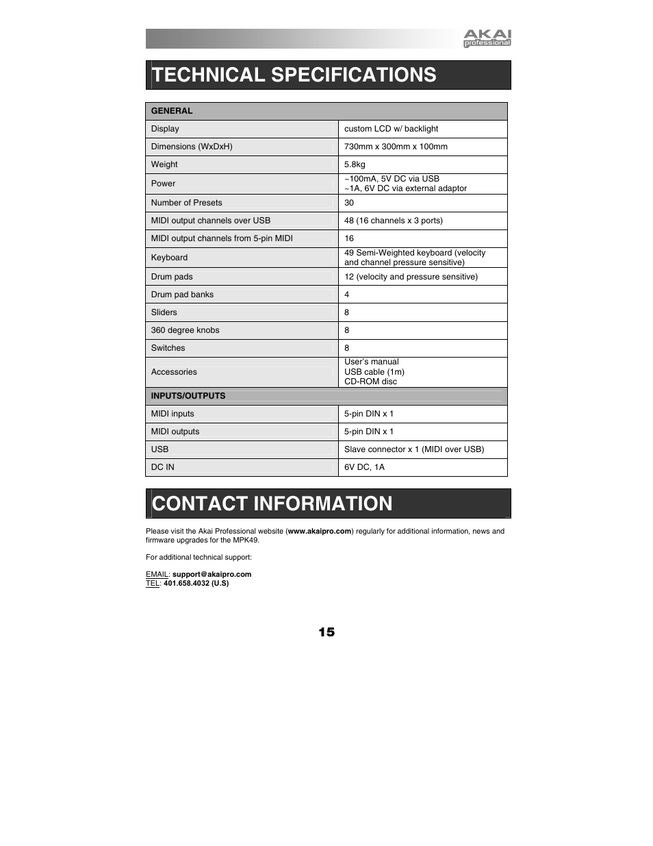 Technical specifications, Contact information | Akai MPK49 User Manual | Page 15 / 76
