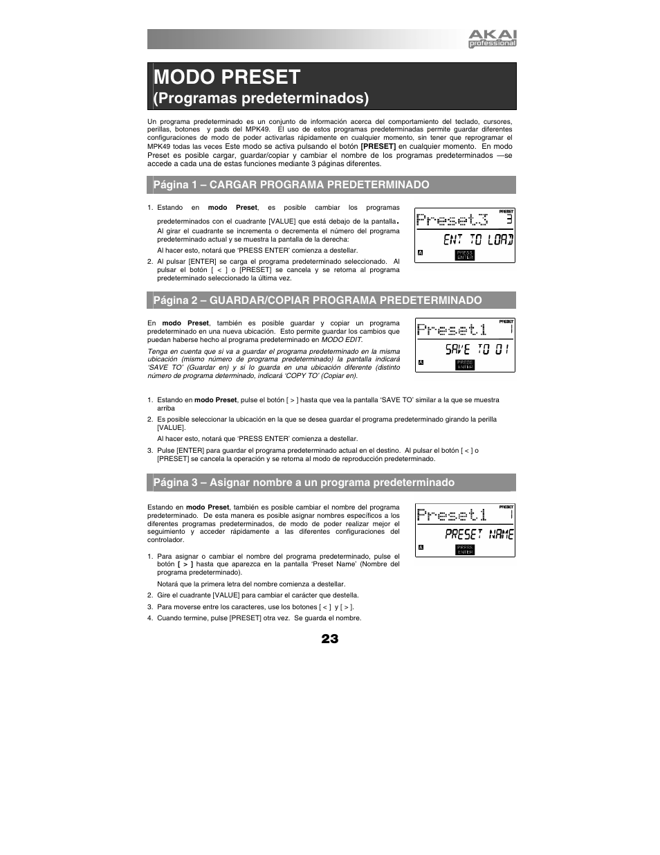 Modo preset, Programas predeterminados), Página 1 – cargar programa predeterminado | Página 2 – guardar/copiar programa predeterminado | Akai MPK49 User Manual | Page 23 / 76