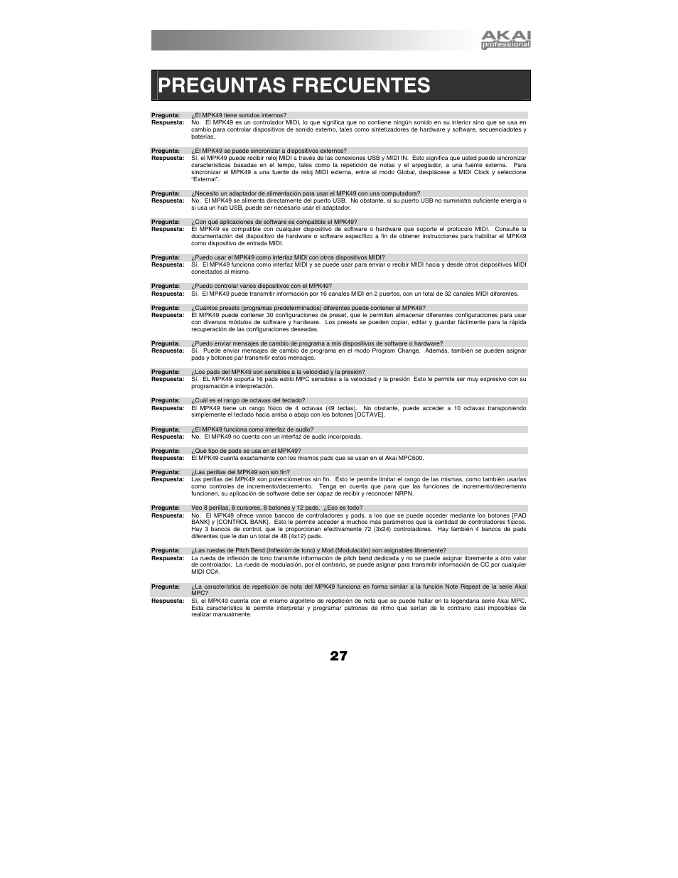 Preguntas frecuentes | Akai MPK49 User Manual | Page 27 / 76