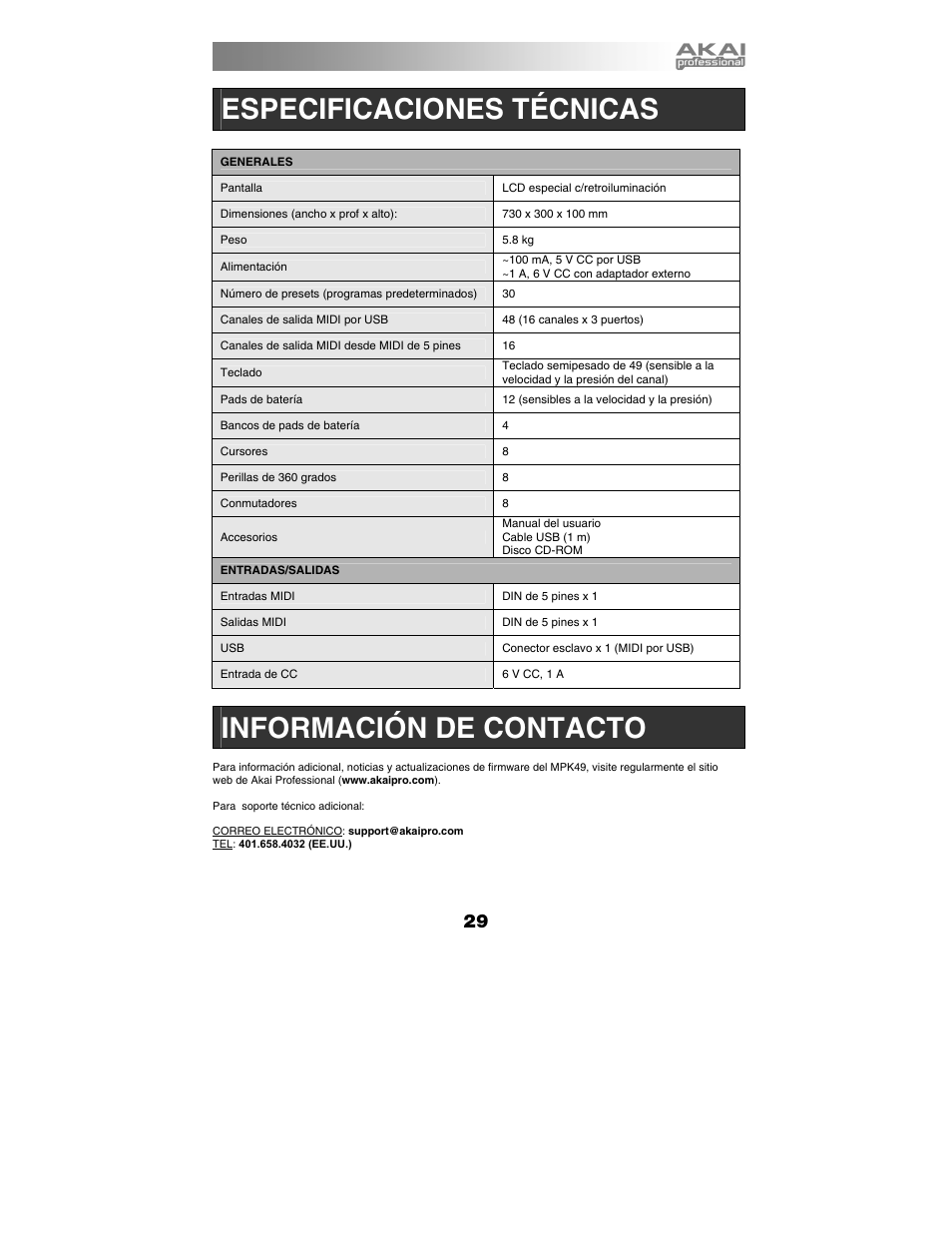 Especificaciones técnicas, Información de contacto | Akai MPK49 User Manual | Page 29 / 76