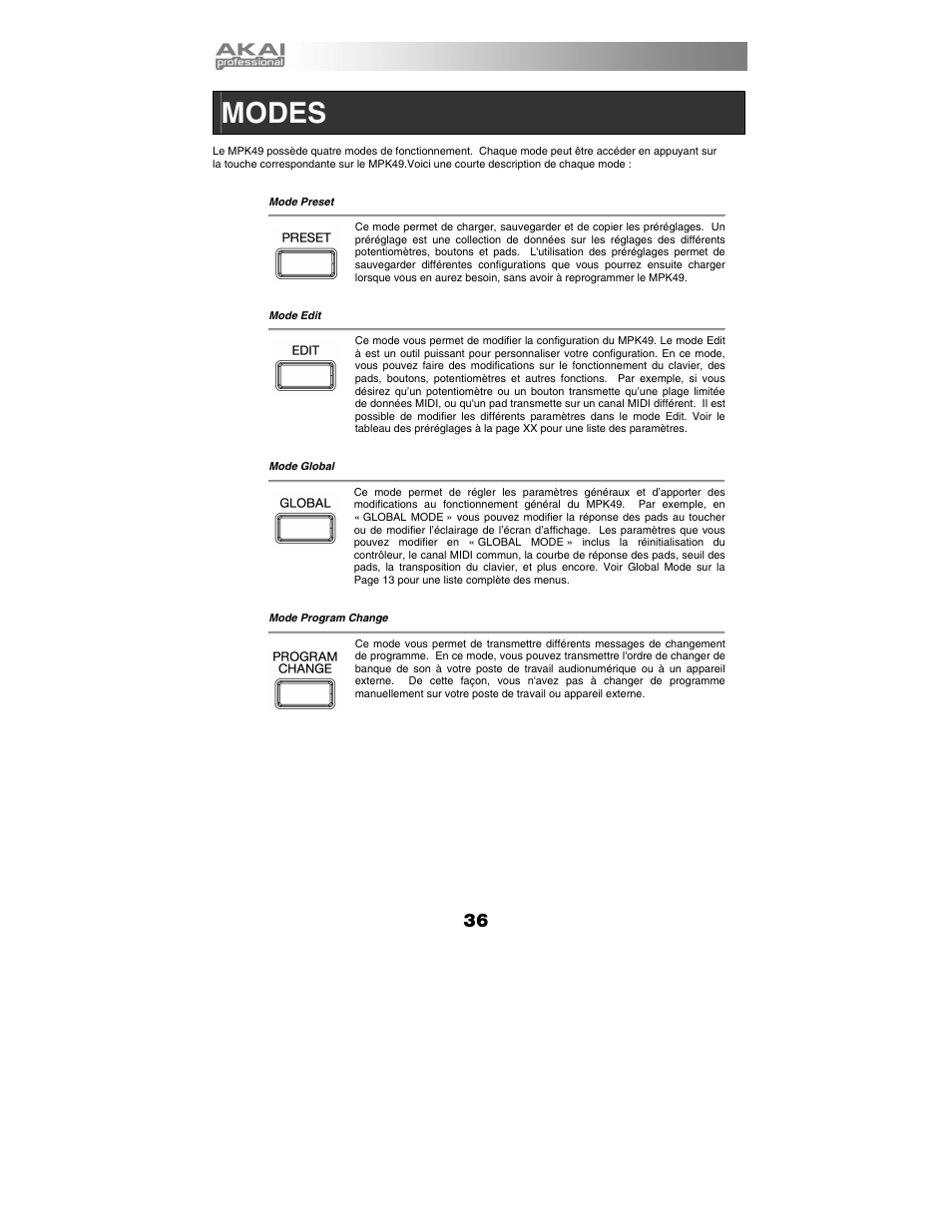 Modes | Akai MPK49 User Manual | Page 36 / 76