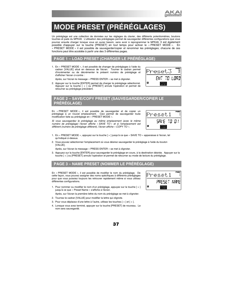 Mode preset (préréglages), Page 1 – load preset (charger le préréglage), Page 3 – name preset (nommer le préréglage) | Akai MPK49 User Manual | Page 37 / 76