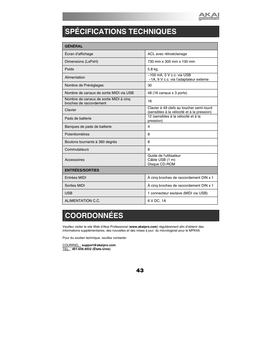 Spécifications techniques, Coordonnées | Akai MPK49 User Manual | Page 43 / 76