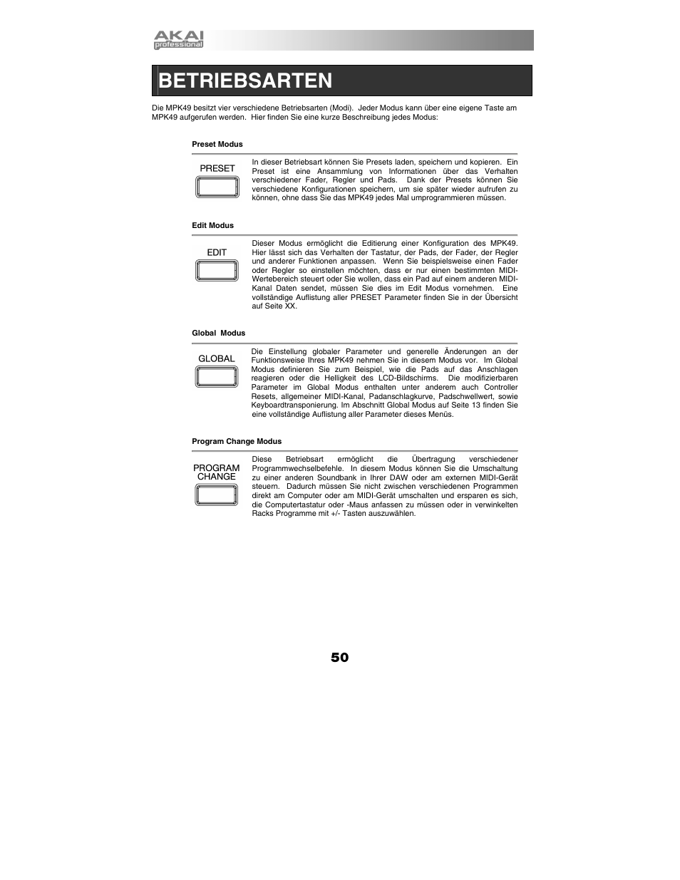 Betriebsarten | Akai MPK49 User Manual | Page 50 / 76