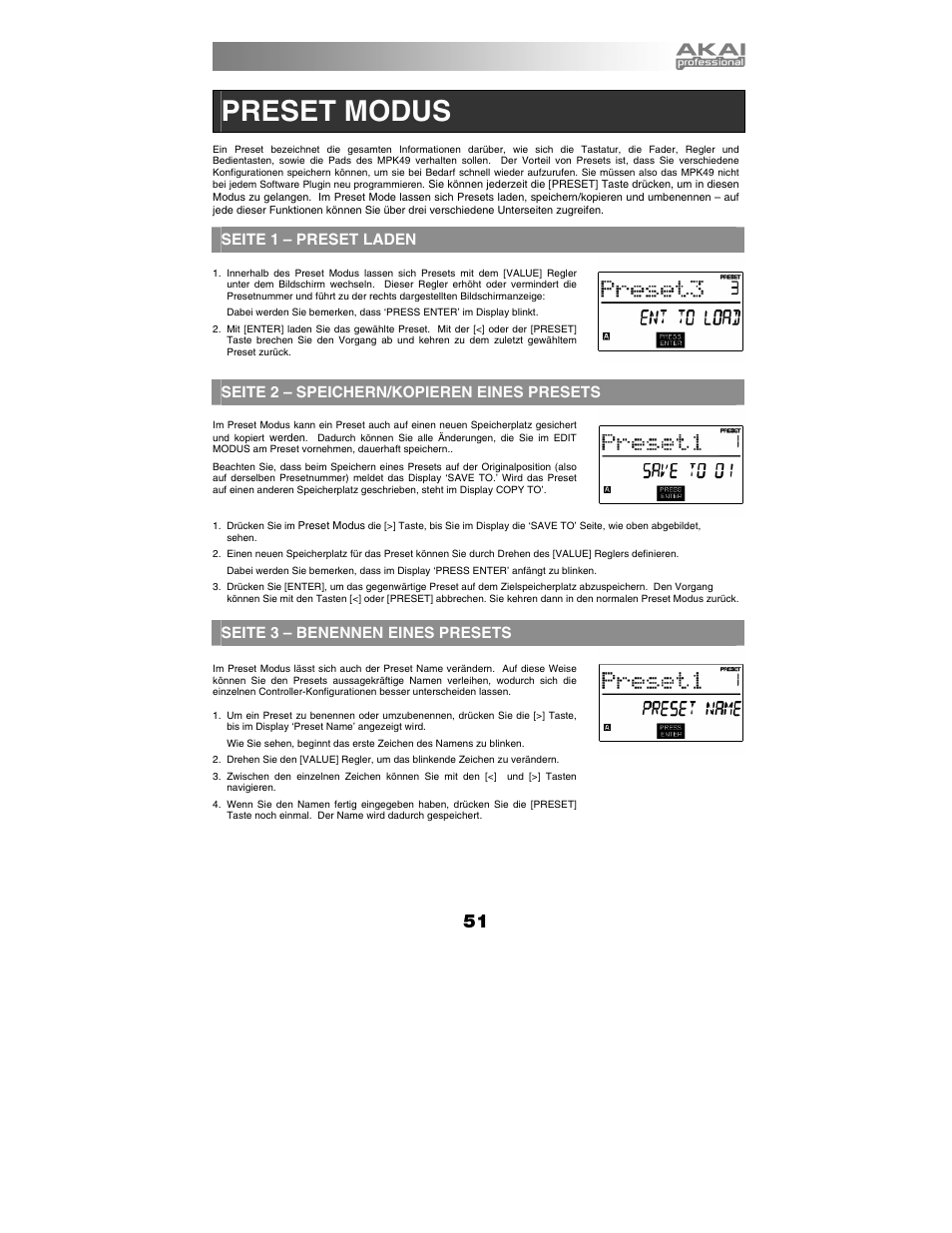 Preset modus, Seite 1 – preset laden, Seite 2 – speichern/kopieren eines presets | Seite 3 – benennen eines presets | Akai MPK49 User Manual | Page 51 / 76