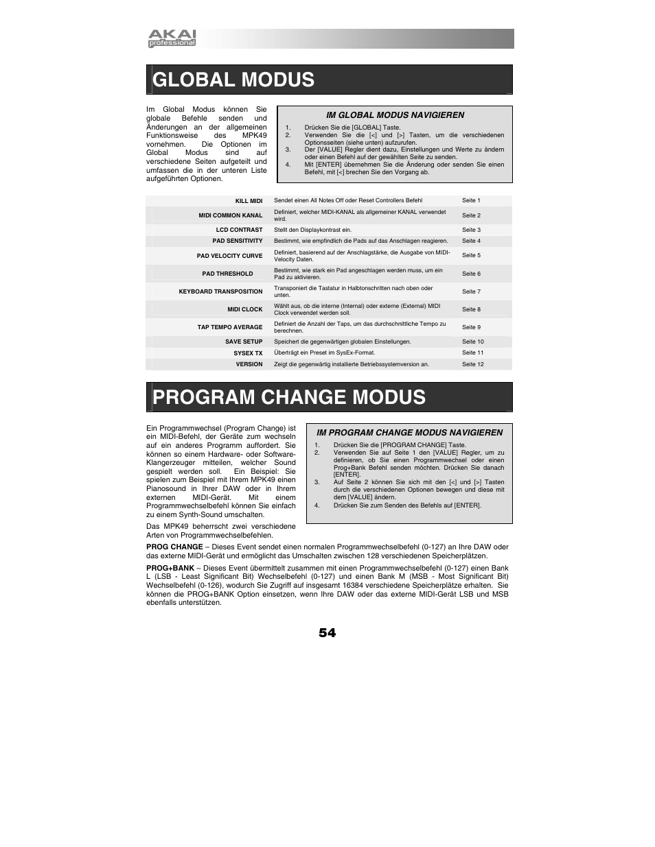 Global modus, Program change modus | Akai MPK49 User Manual | Page 54 / 76