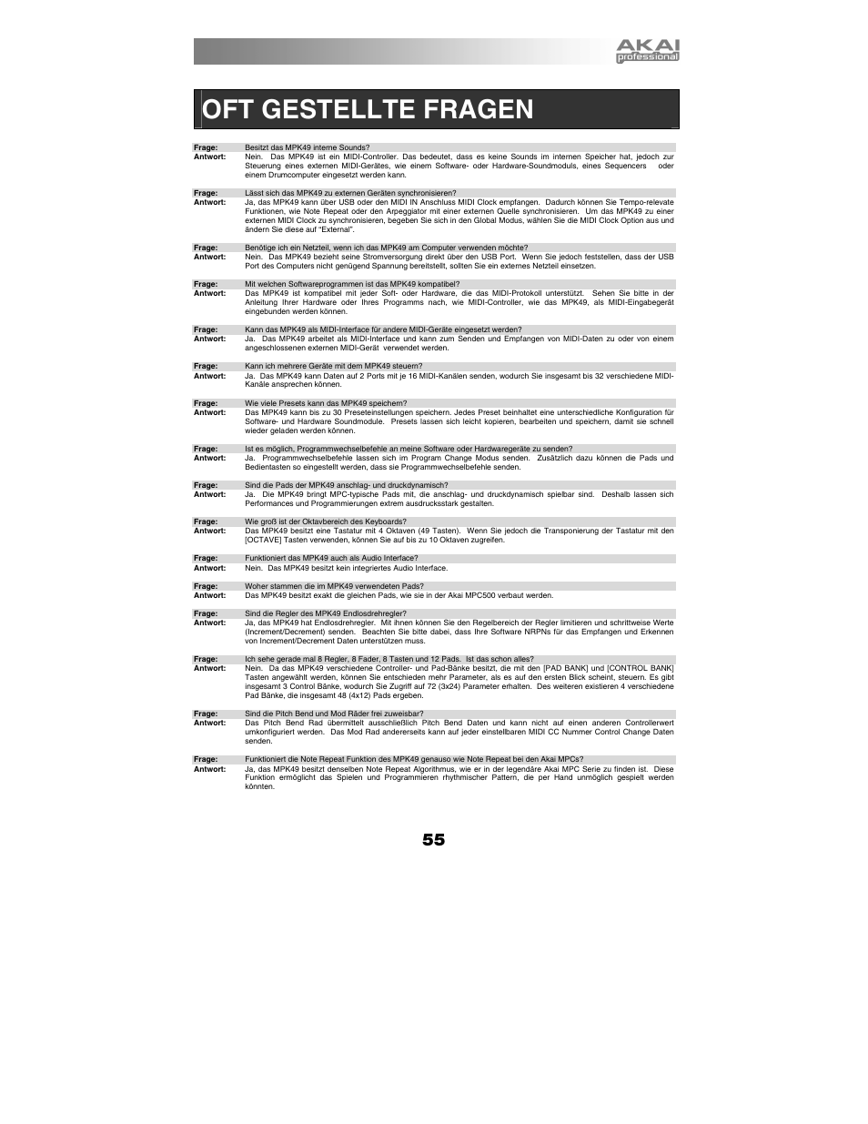 Oft gestellte fragen | Akai MPK49 User Manual | Page 55 / 76