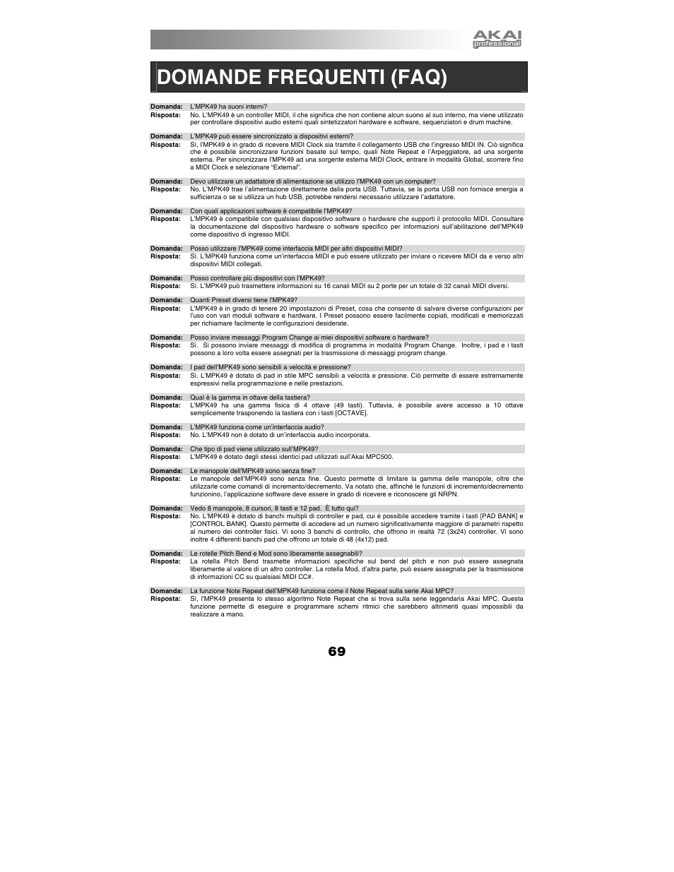 Domande frequenti (faq) | Akai MPK49 User Manual | Page 69 / 76
