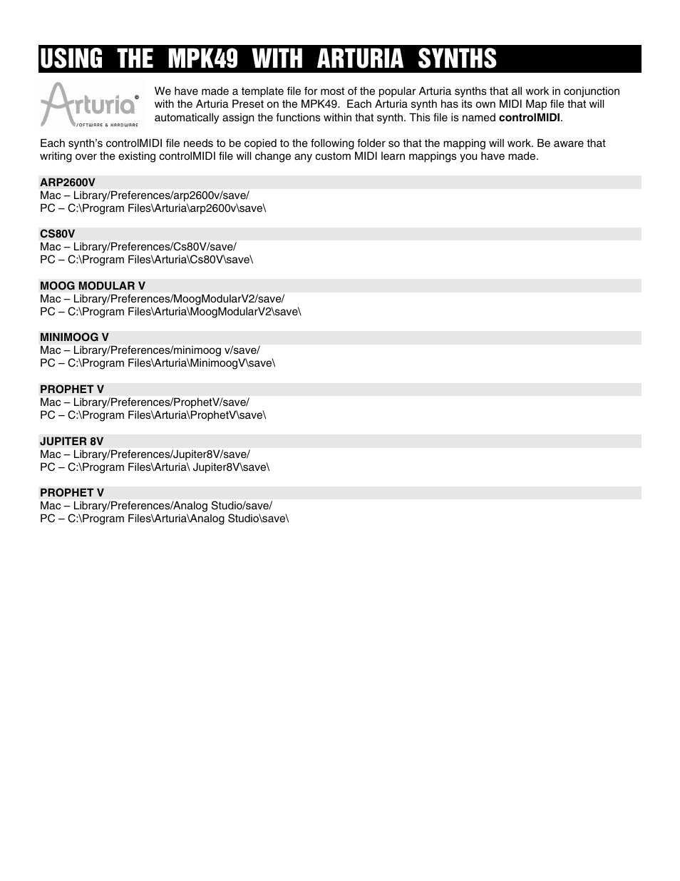 Using the mpk49 with arturia synths | Akai FACTORY PRESET MPK49 User Manual | Page 10 / 20
