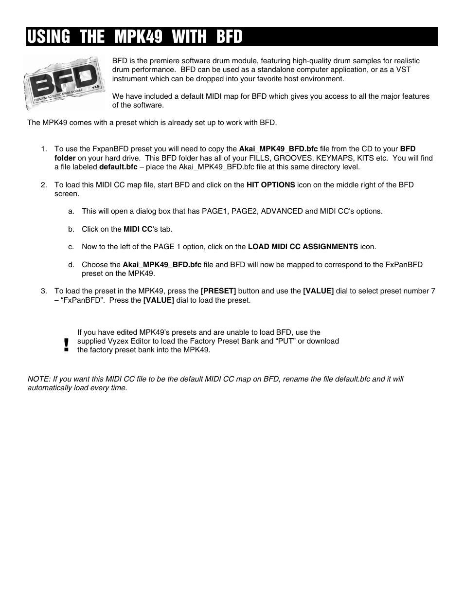 Using the mpk49 with bfd | Akai FACTORY PRESET MPK49 User Manual | Page 12 / 20