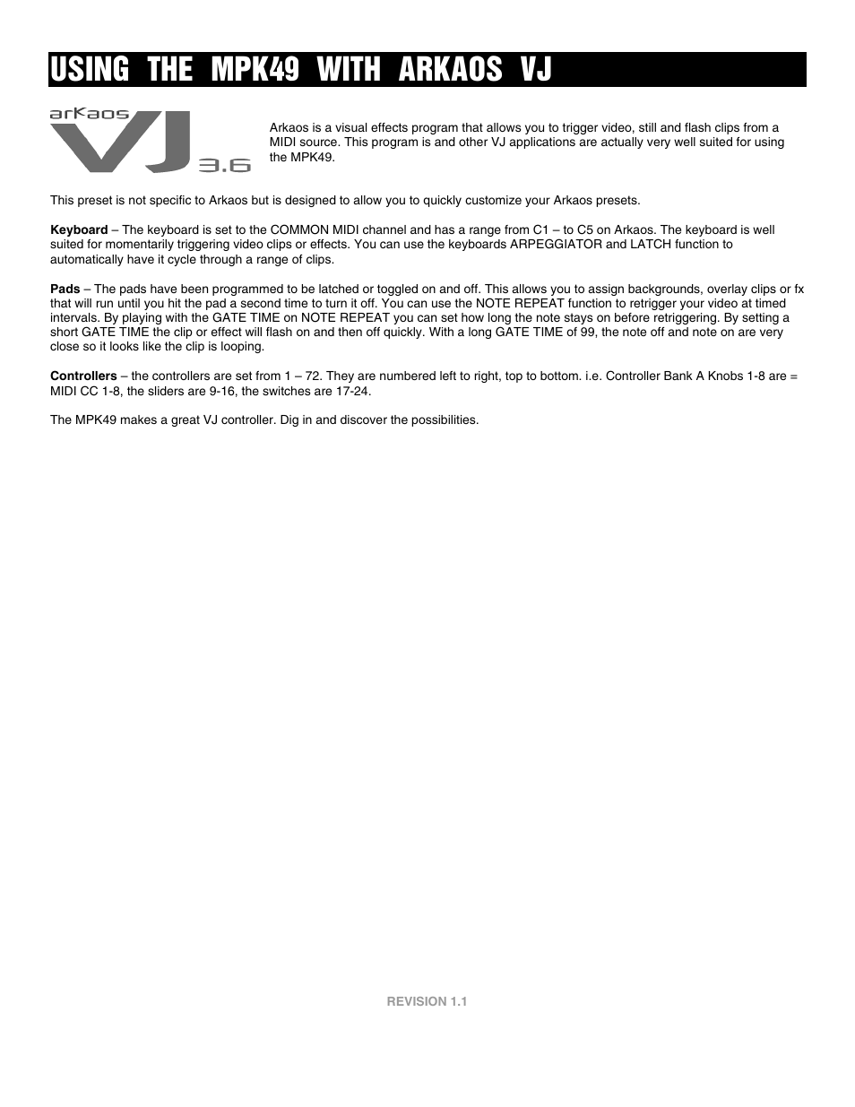 Using the mpk49 with arkaos vj | Akai FACTORY PRESET MPK49 User Manual | Page 20 / 20